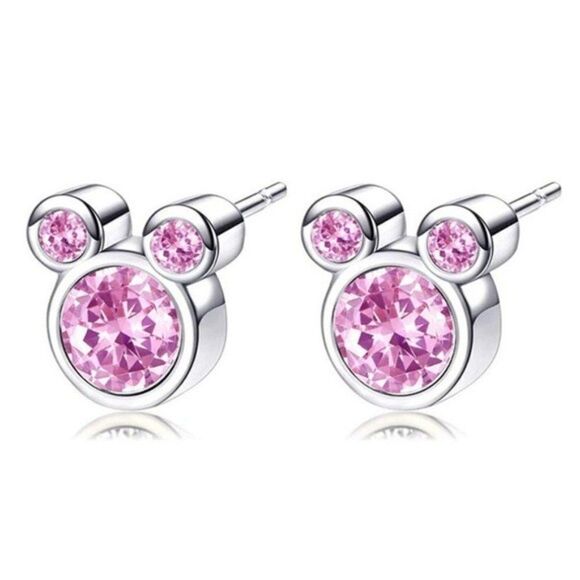 Silver Platinum and Pink Sapphire Cubic Zirconia Mickey Mouse Post Stud Earrings - Picture 1 of 6
